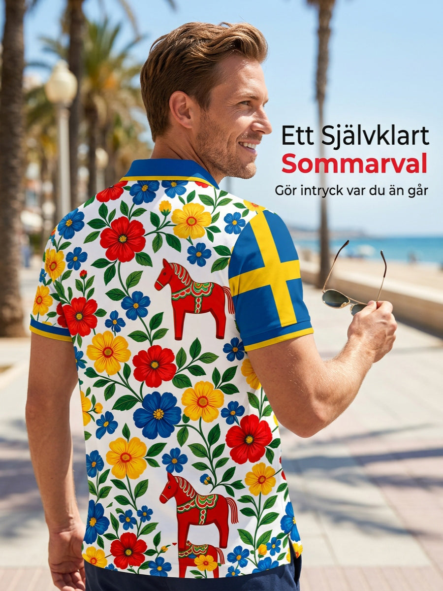 Men's polo shirt with an art print celebrating the Swedish Midsummer festival