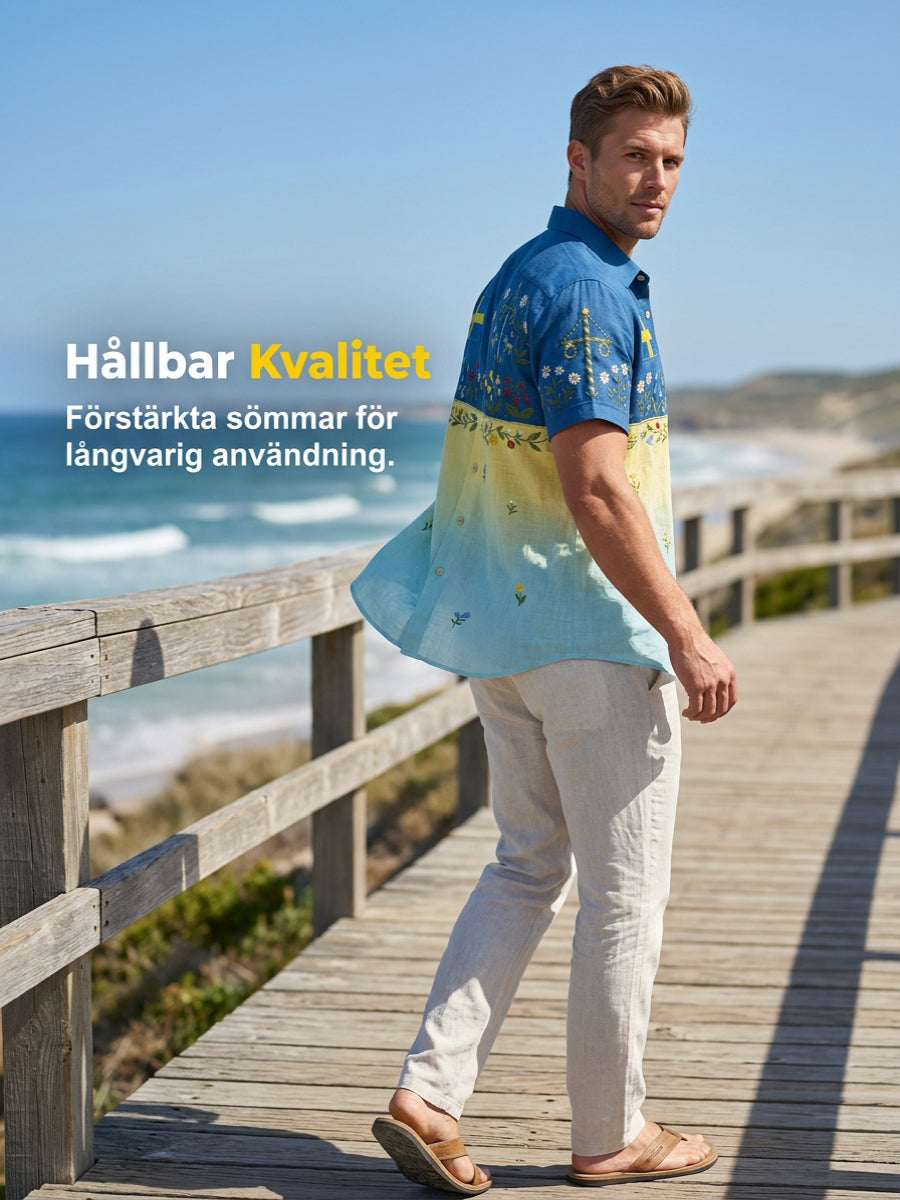 Men's retro Swedish Midsummer folk never floral cotton-linen short-sleeved shirt