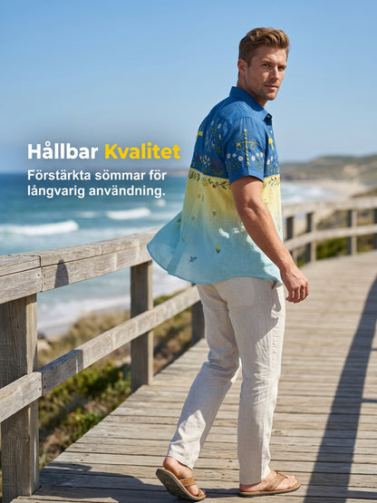 Men's retro Swedish Midsummer folk never floral cotton-linen short-sleeved shirt