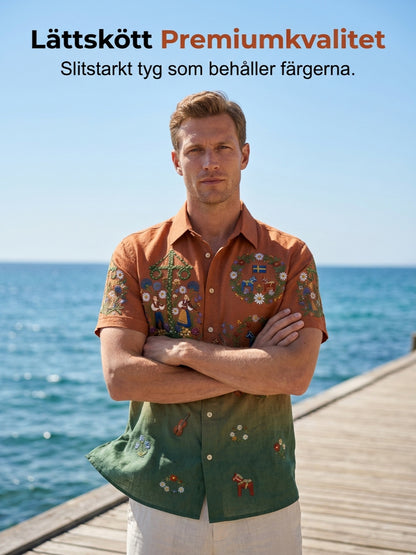 Men's retro-style shirts with Swedish Midsummer and folk costume motifs in cotton-linen, short-sleeved