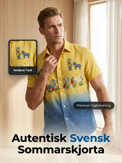 Men's retro Swedish midsummer folk never-fading floral cotton-linen short-sleeved shirt