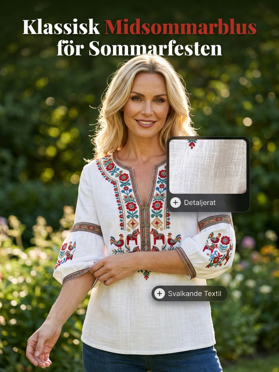 Women's vintage-style blouse, inspired by the Swedish Midsummer tradition, in cotton and linen fabric
