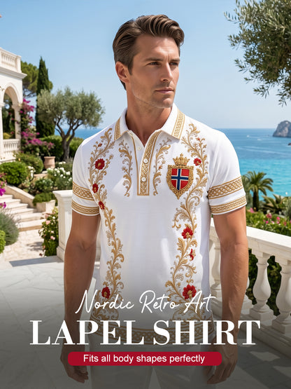 Men's Retro Nordic Style Norwegian Art Print Casual Polo Shirt