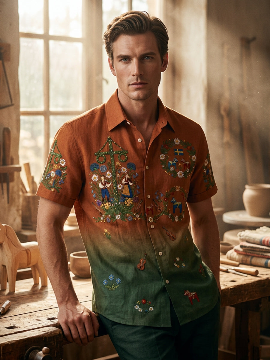 Men's retro-style shirts with Swedish Midsummer and folk costume motifs in cotton-linen, short-sleeved