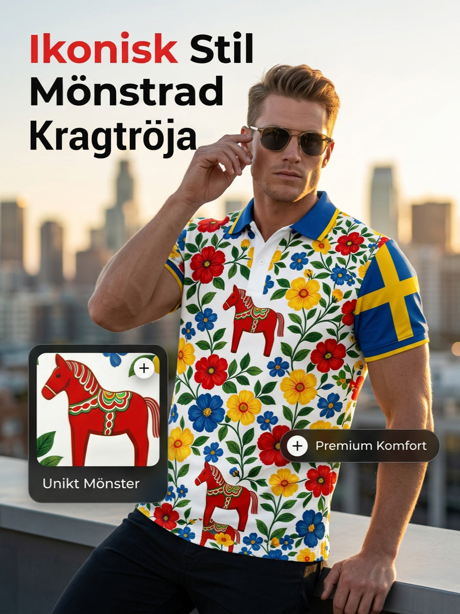 Men's polo shirt with an art print celebrating the Swedish Midsummer festival