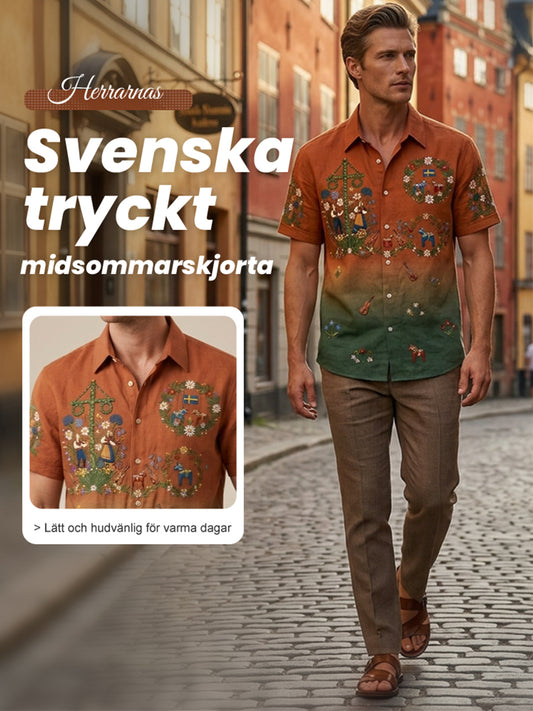 Men's retro-style shirts with Swedish Midsummer and folk costume motifs in cotton-linen, short-sleeved