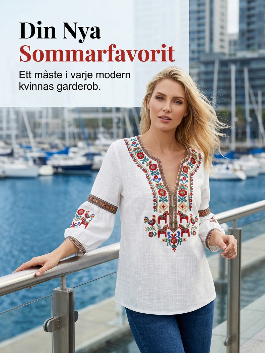 Women's vintage-style blouse, inspired by the Swedish Midsummer tradition, in cotton and linen fabric