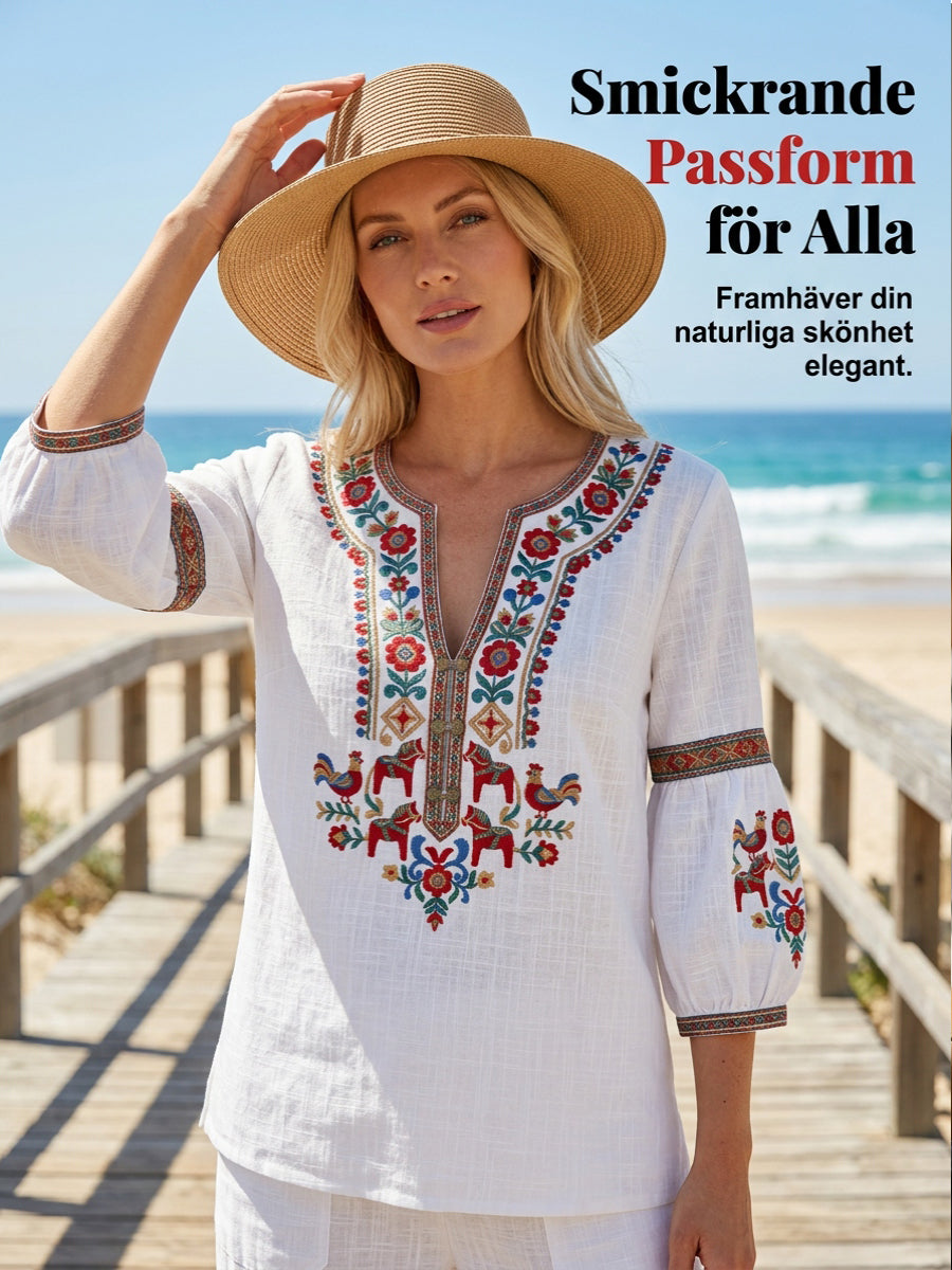 Women's vintage-style blouse, inspired by the Swedish Midsummer tradition, in cotton and linen fabric