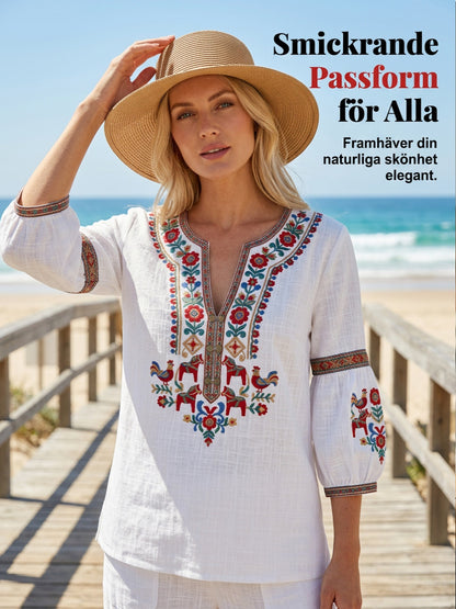 Women's vintage-style blouse, inspired by the Swedish Midsummer tradition, in cotton and linen fabric