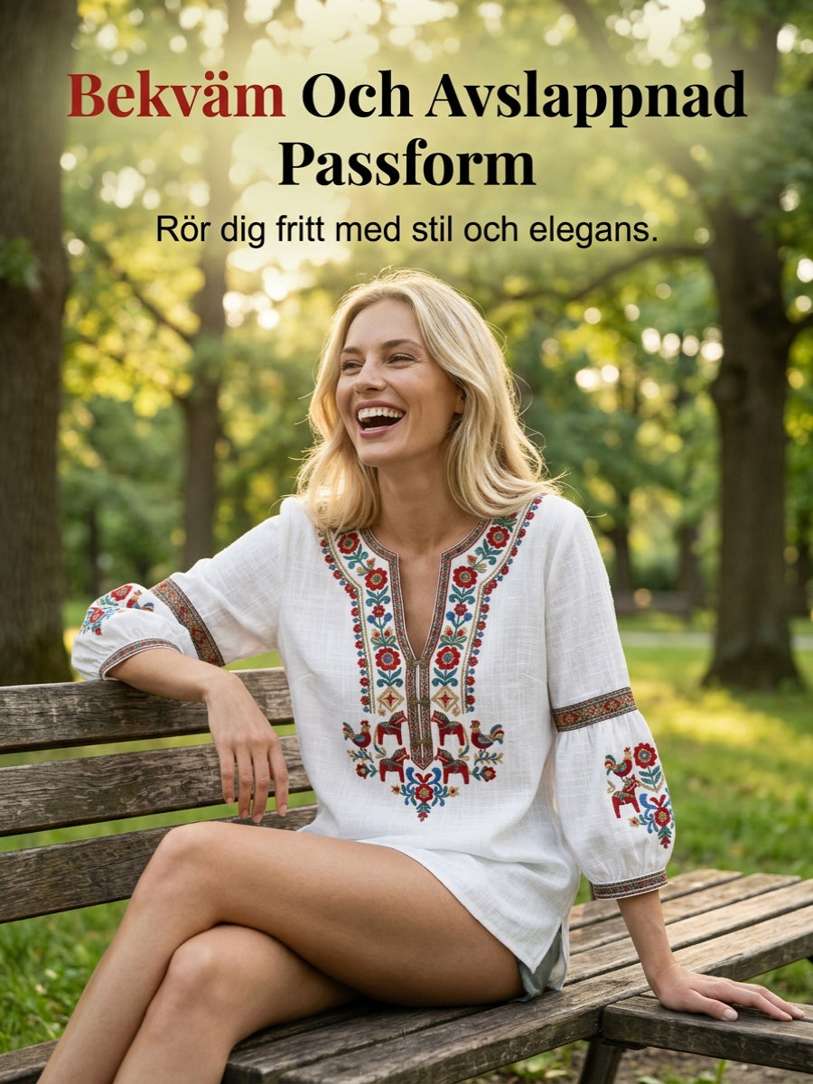 Women's vintage-style blouse, inspired by the Swedish Midsummer tradition, in cotton and linen fabric