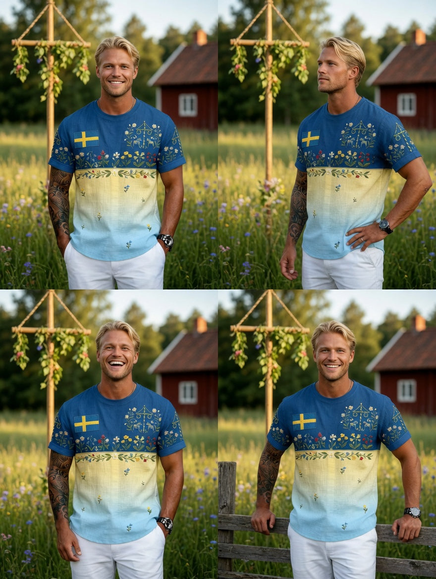 Herrretro svensk midsommarfolkalinsk bomull-linne t-shirt med korta ärmarna