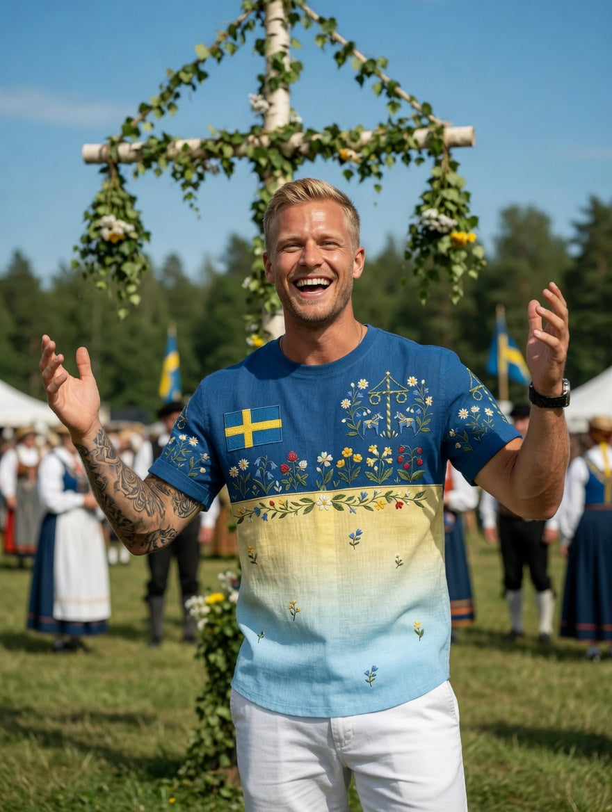 Herrretro svensk midsommarfolkalinsk bomull-linne t-shirt med korta ärmarna