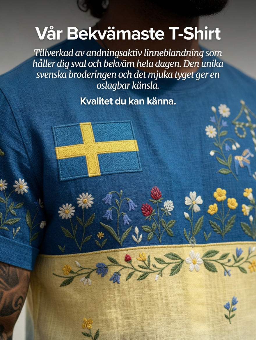 Herrretro svensk midsommarfolkalinsk bomull-linne t-shirt med korta ärmarna