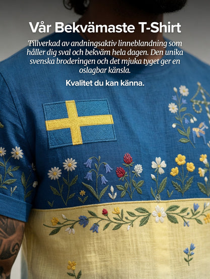 Herrretro svensk midsommarfolkalinsk bomull-linne t-shirt med korta ärmarna