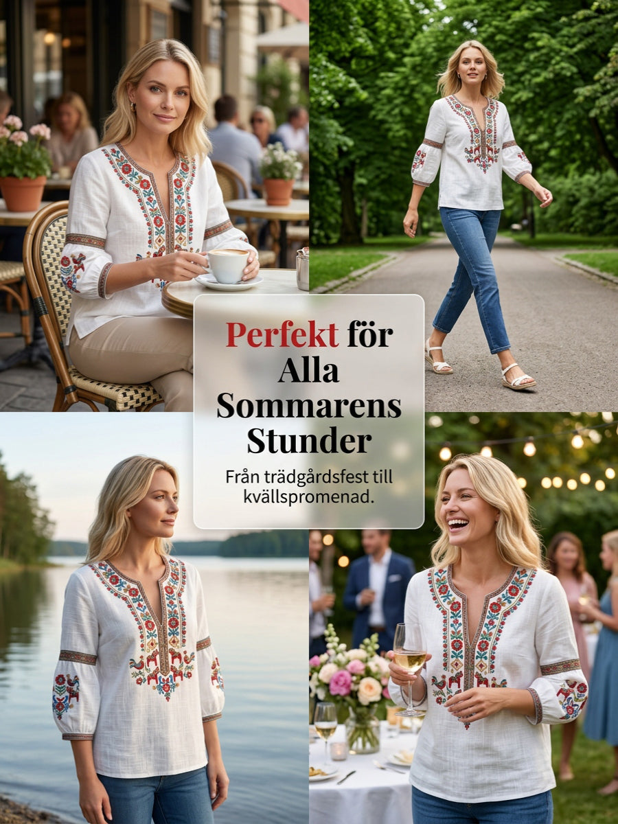 Women's vintage-style blouse, inspired by the Swedish Midsummer tradition, in cotton and linen fabric