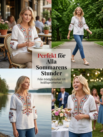 Women's vintage-style blouse, inspired by the Swedish Midsummer tradition, in cotton and linen fabric