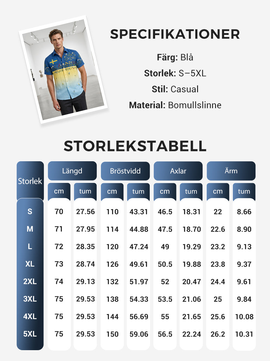 Men's retro Swedish Midsummer folk never floral cotton-linen short-sleeved shirt