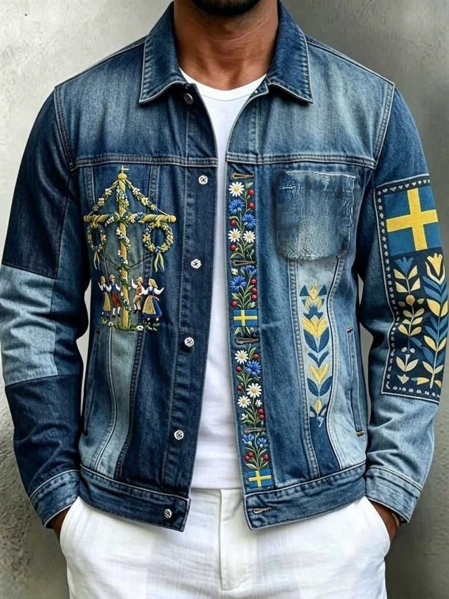 Herrretro svensk midsommarfolkaldrigblommig bomull-linnejacka med långa ärmar