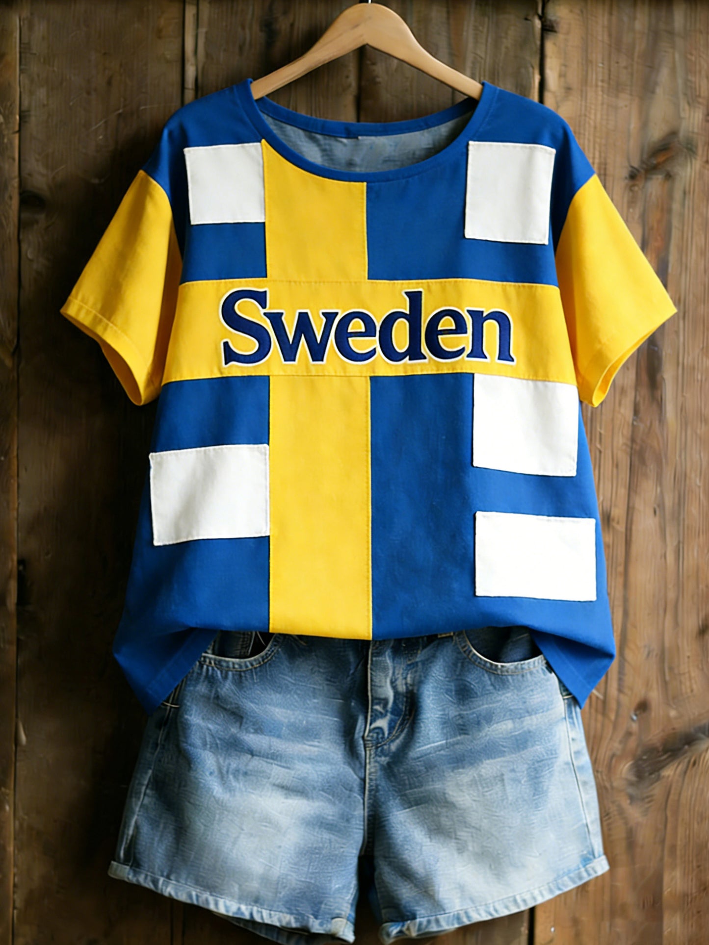 Damer T-shirt med konstprint på temat svenskt dalahäst-tema