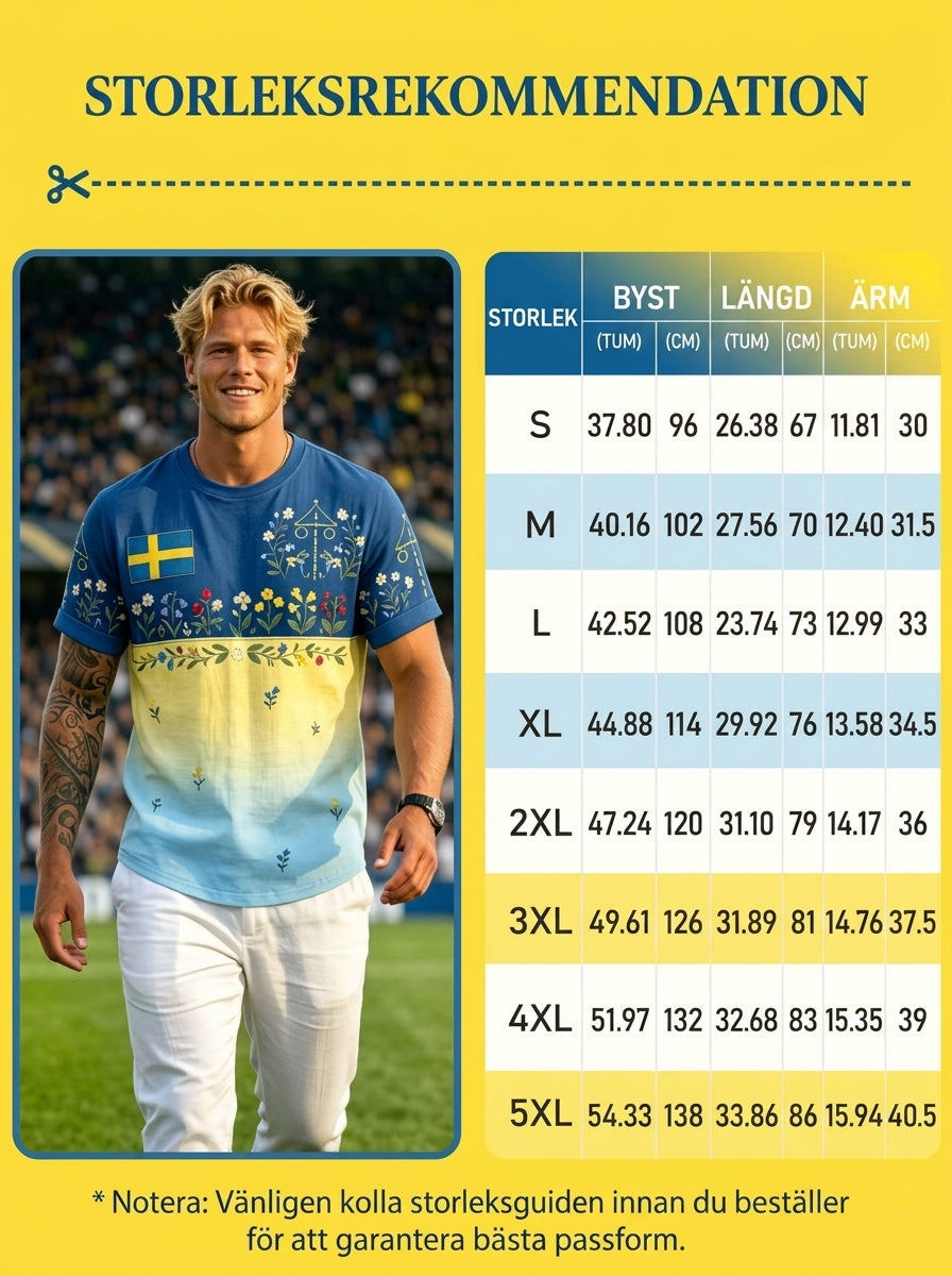 Herrretro svensk midsommarfolkalinsk bomull-linne t-shirt med korta ärmarna