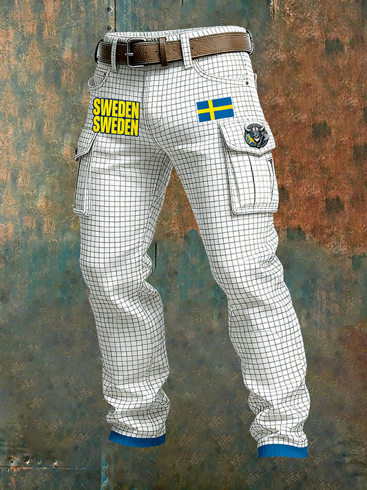 Men's Vintage Viking Swedish Flag Pattern Print Business Casual Work Pants