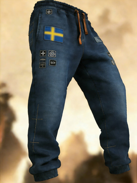 Men's Retro Swedish Flag Patch Casual Trousers