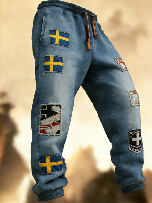 Men's Retro Swedish Flag Patch Casual Pants