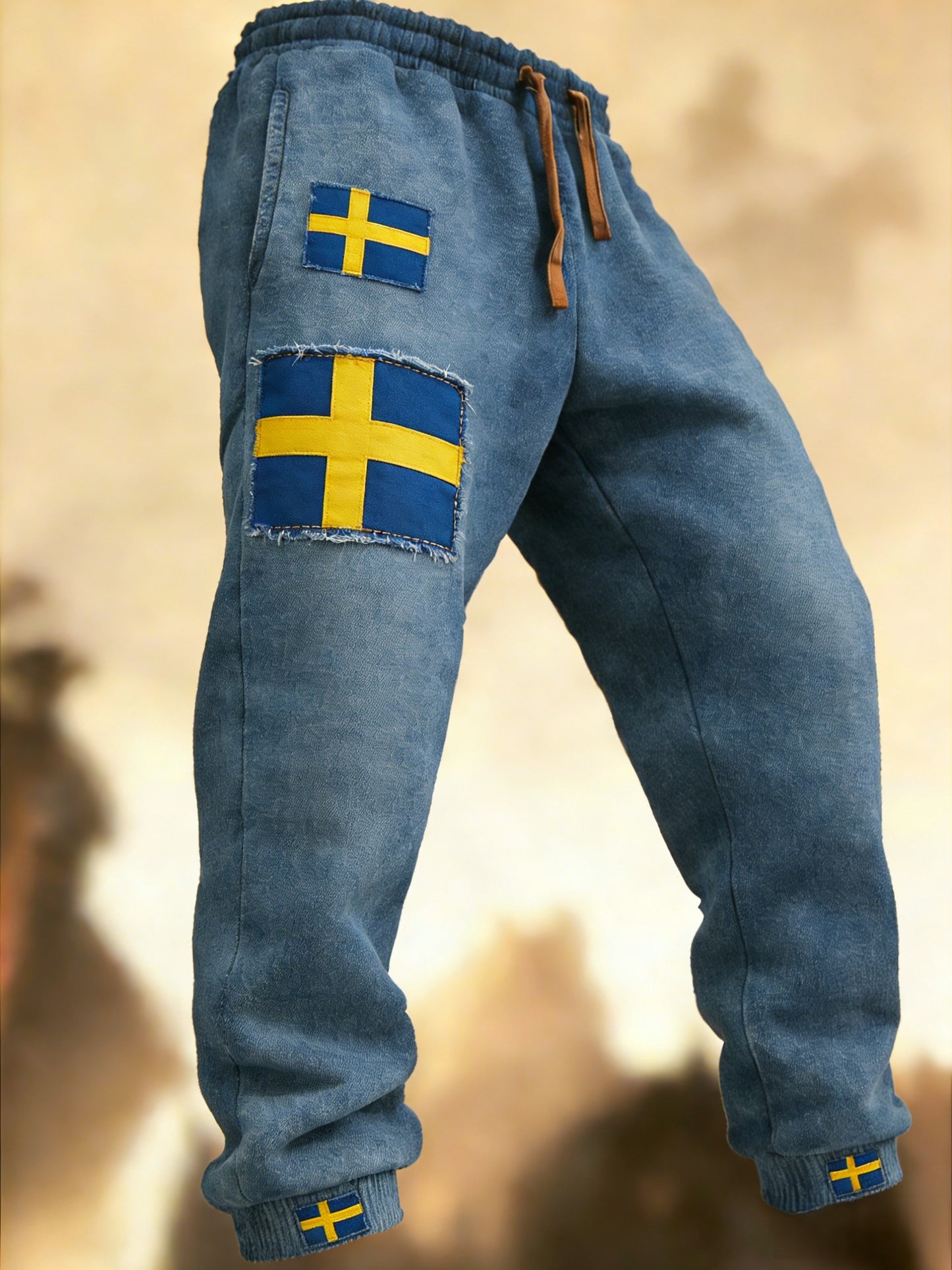 Men's Retro Swedish Flag Patch Casual Trousers