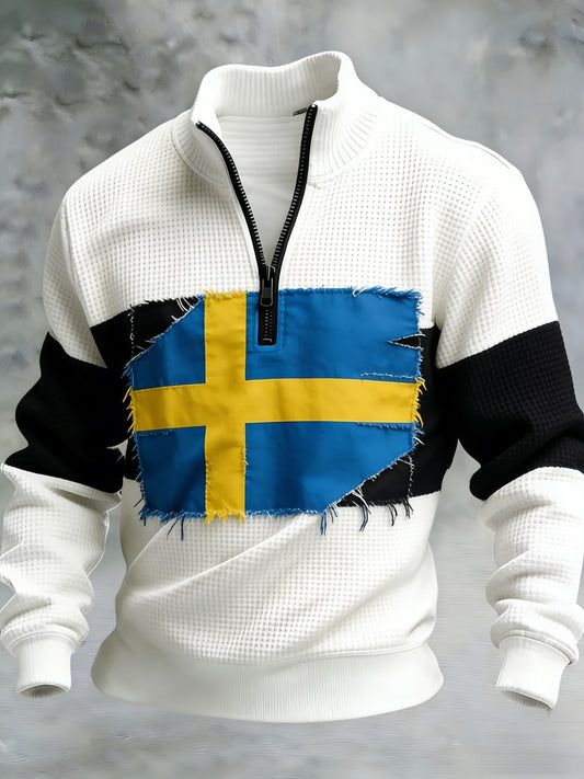 Men's Retro Swedish Flag Patch Casual Waffle Sweatshirt