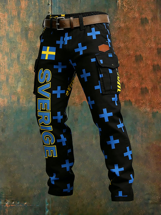 Men's Vintage Viking Swedish Flag Pattern Print Business Casual Work Pants
