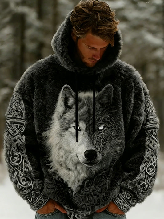Men's Viking Wolf Celtic Art Flannel Cozy Warm Hoodie.