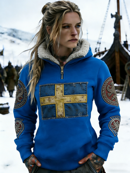 Women's Retro Viking Swedish Flag Emblem Fleece-Lined Zipper Hoodie
