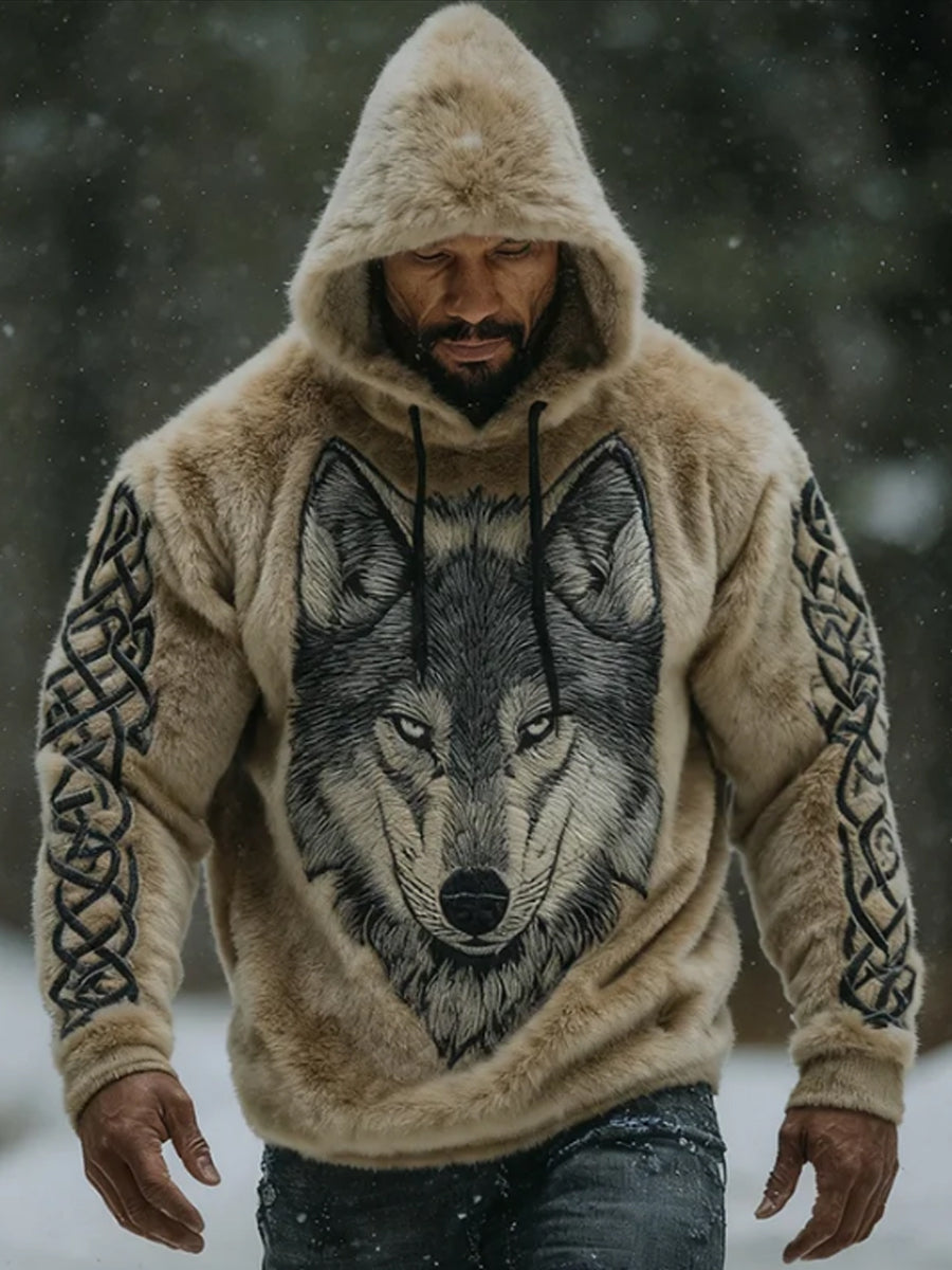Men's Viking Vintage Wolf Celtic Flannel Warm Hoodie.