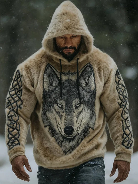 Men's Viking Vintage Wolf Celtic Flannel Warm Hoodie.
