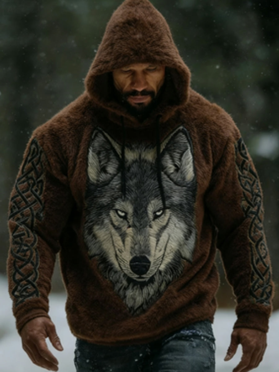 Men's Viking Vintage Wolf Celtic Flannel Warm Hoodie.