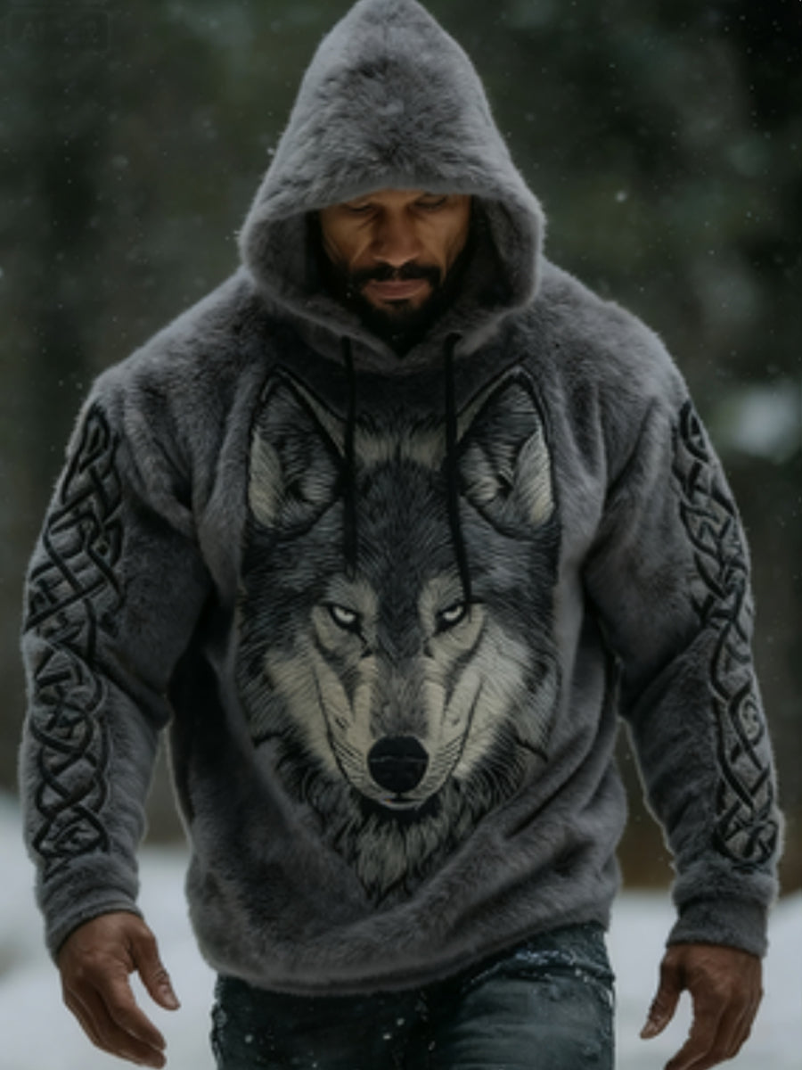 Men's Viking Vintage Wolf Celtic Flannel Warm Hoodie.