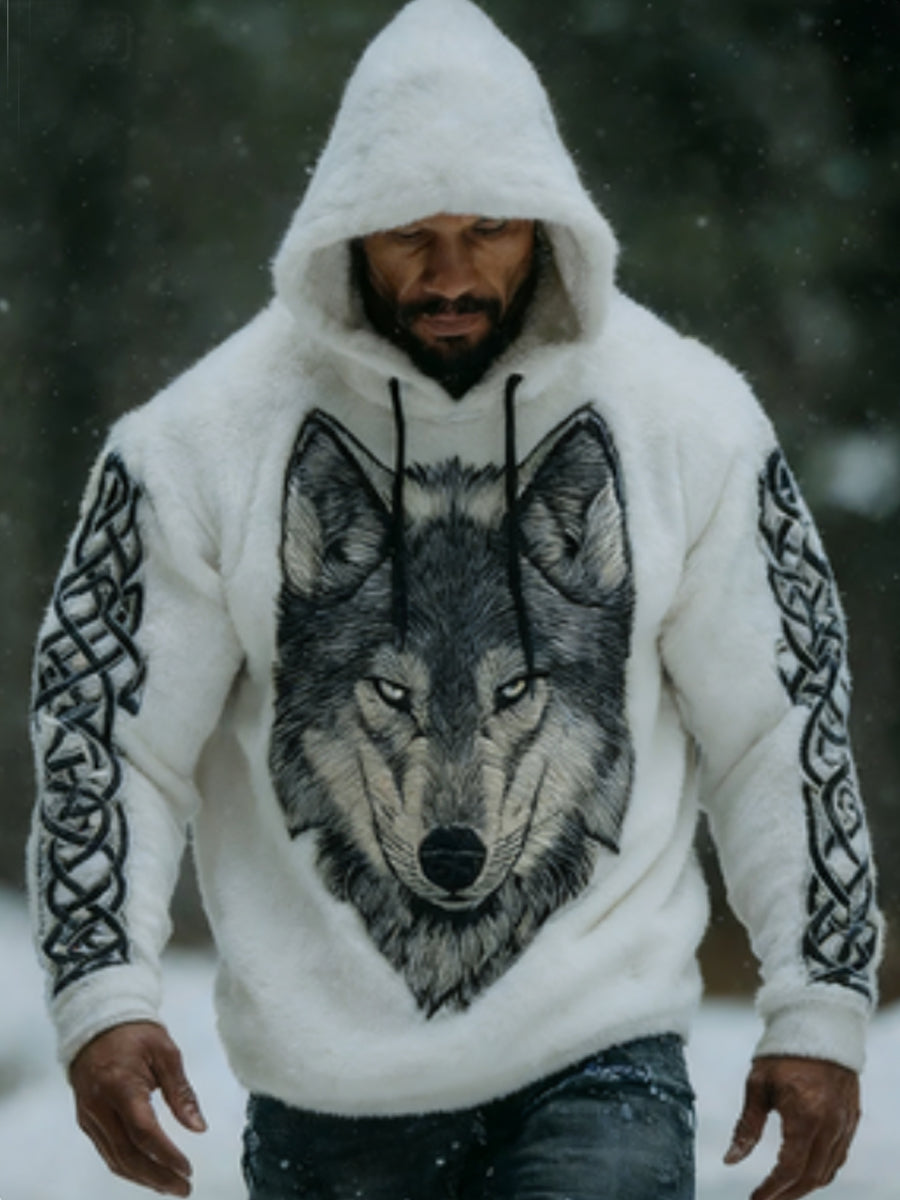 Men's Viking Vintage Wolf Celtic Flannel Warm Hoodie.
