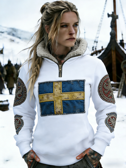 Women's Retro Viking Swedish Flag Emblem Fleece-Lined Zipper Hoodie
