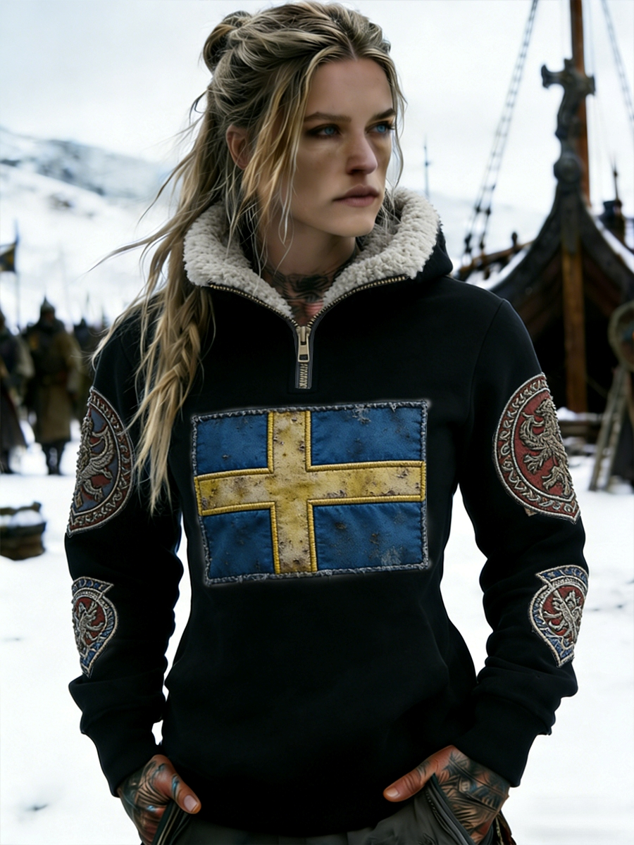 Women's Retro Viking Swedish Flag Emblem Fleece-Lined Zipper Hoodie