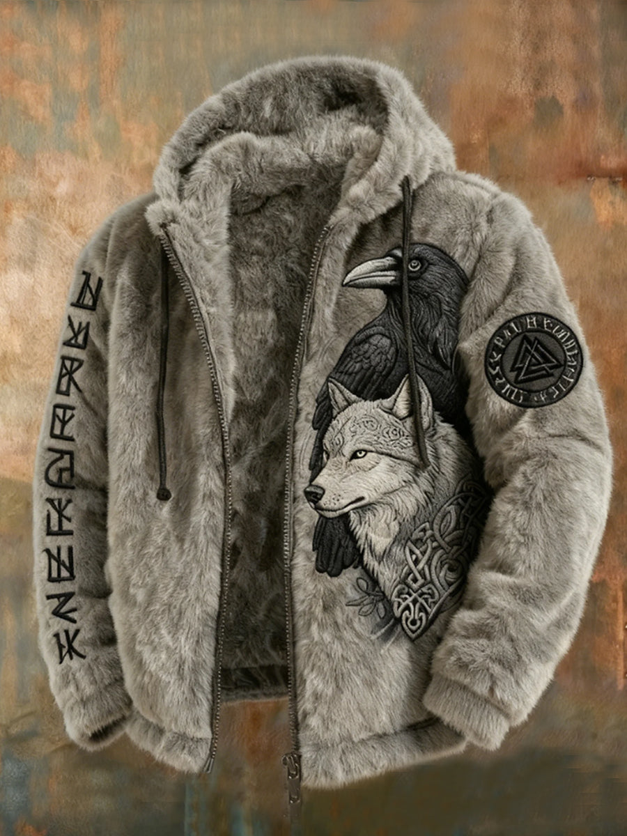 Mäns Viking Tribal Jacquard Celtic med kråkor och vargar inspirerade Plush varm dragkedja jacka