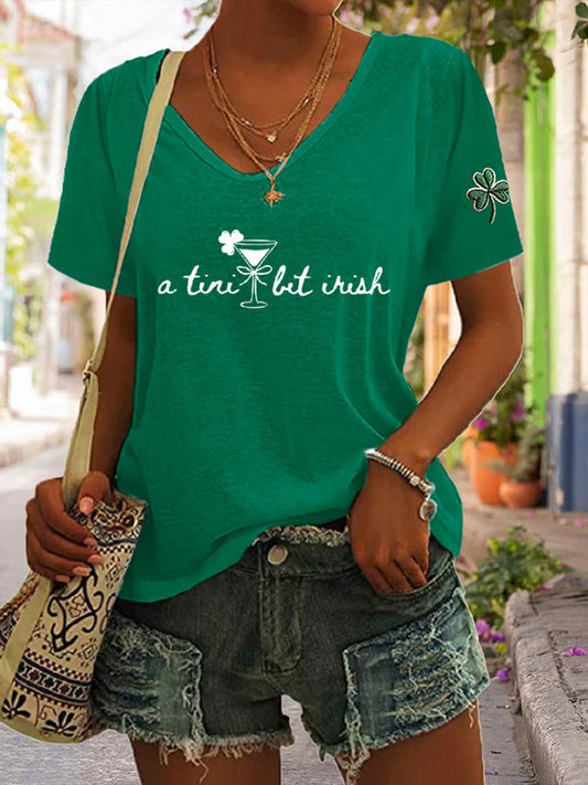 Women's St. Patrick's Day Shamrock A Tini Bit Irish V-Neck Short Sleeve T-Shirt