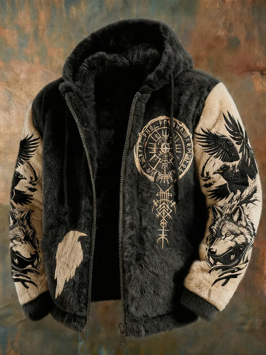 Mäns Viking Tribal Jacquard Crow inspirerad Plush varm dragkedjacka
