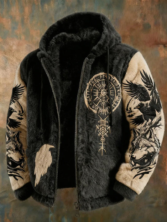 Men's Viking Tribal Jacquard Crow Inspired Plush Warm Zip Jacket