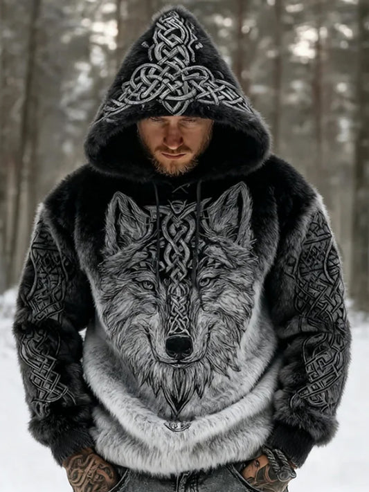 Men's Viking Wolf Celtic Art Flannel Cozy Warm Hoodie.