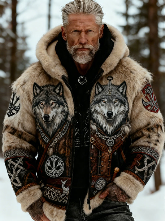 Men's Retro Viking Wolf Totem Celtic Style Flannel Warm Hooded Sweatshirts