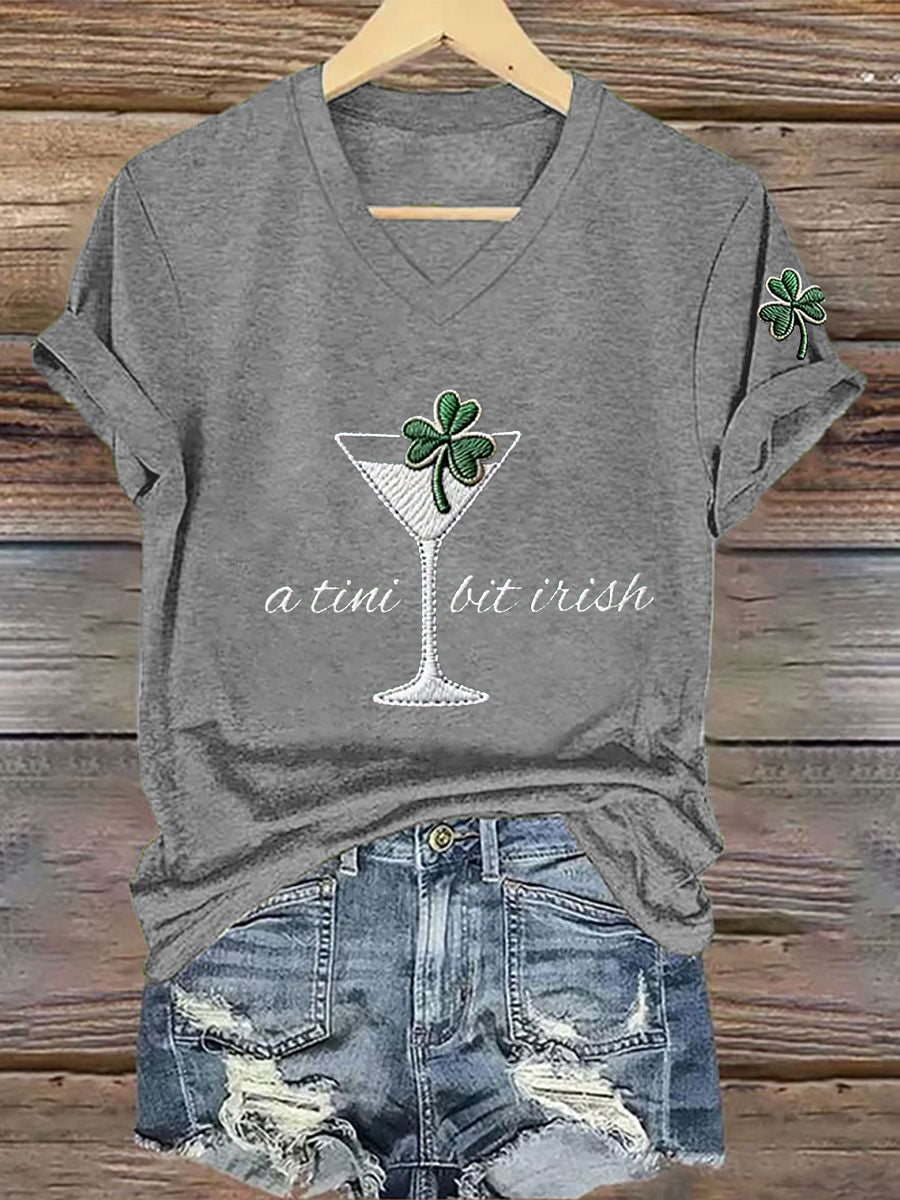 Women's St. Patrick's Day A Tini Bit Irish Shamrock Art Print V-Neck Short Sleeve T-Shirt