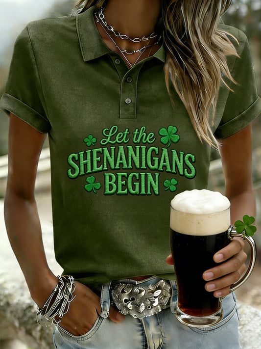Kvinnors roliga St Patricks dag Låt Shenanigans börja Shamrock Print Casual Polo tröj