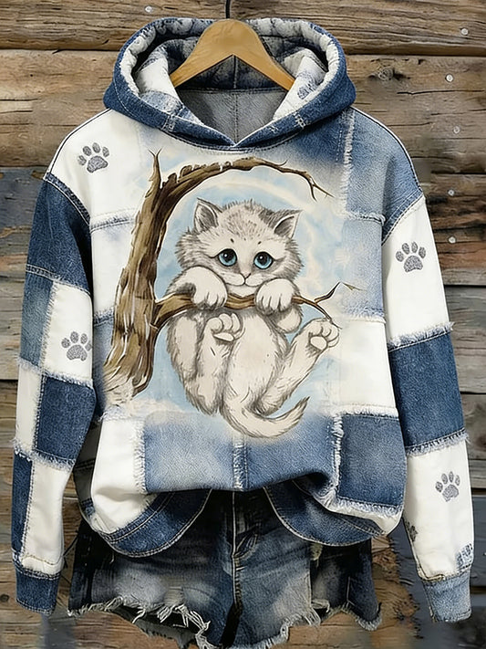 Kvinnors Vintage Opalite Kitten i träd orolig katt i patchwork konst Mysig Hoodie