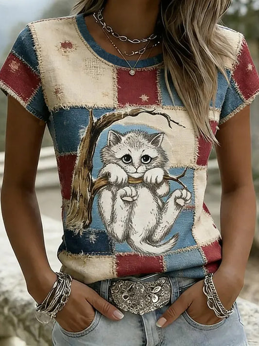Kvinnors Vintage Opalite Kitten i träd med lappverkskonst kortärmad t-shirt