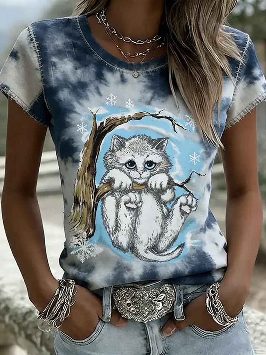 Women's Opalite Kitten In Trees Tie Dye Art Short Sleeve T-Shirt